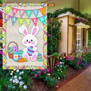 Surfapans Happy Easter Bunny House Flag 28x40 Inch Double Sided Outside Burlap Easter Rabbit Eggs Outdoor Large Yard Flags Porch Home Holiday Decoration