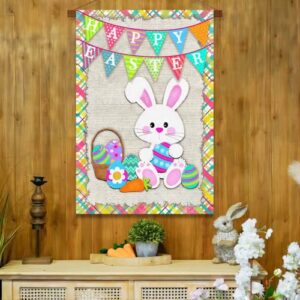 Surfapans Happy Easter Bunny House Flag 28x40 Inch Double Sided Outside Burlap Easter Rabbit Eggs Outdoor Large Yard Flags Porch Home Holiday Decoration