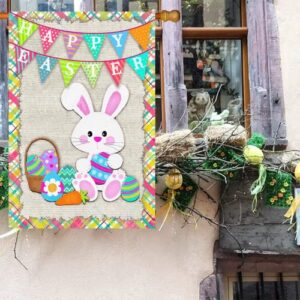 Surfapans Happy Easter Bunny House Flag 28x40 Inch Double Sided Outside Burlap Easter Rabbit Eggs Outdoor Large Yard Flags Porch Home Holiday Decoration