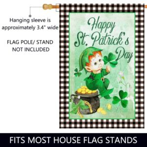 Surfapans Happy St Patricks Day House Flag 28x40 Inch Double Sided Outside Burlap Buffalo Check Plaid Green Shamrock Clover Large Yard Flag