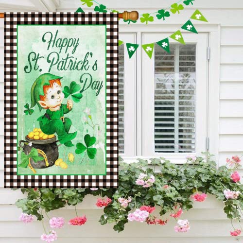 Surfapans Happy St Patricks Day House Flag 28x40 Inch Double Sided Outside Burlap Buffalo Check Plaid Green Shamrock Clover Large Yard Flag