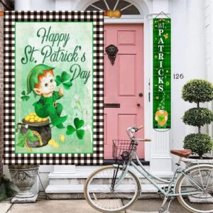 Surfapans Happy St Patricks Day House Flag 28x40 Inch Double Sided Outside Burlap Buffalo Check Plaid Green Shamrock Clover Large Yard Flag