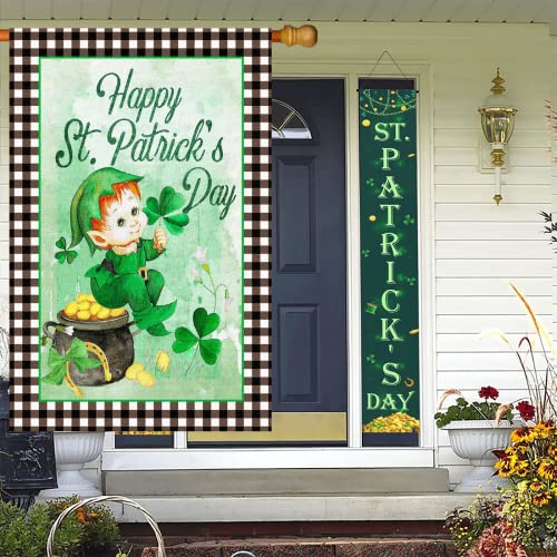 Surfapans Happy St Patricks Day House Flag 28x40 Inch Double Sided Outside Burlap Buffalo Check Plaid Green Shamrock Clover Large Yard Flag