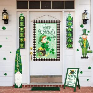 Surfapans Happy St Patricks Day House Flag 28x40 Inch Double Sided Outside Burlap Buffalo Check Plaid Green Shamrock Clover Large Yard Flag