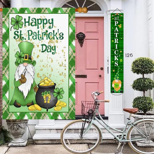 Surfapans Happy St Patricks Day Gnome House Flag 28x40 Inch Double Sided Outside Burlap Green Shamrock Clover Gold Coin Large Outdoor Yard Flags Porch Home Farmhouse Decoration