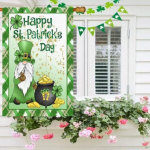 Surfapans Happy St Patricks Day Gnome House Flag 28x40 Inch Double Sided Outside Burlap Green Shamrock Clover Gold Coin Large Outdoor Yard Flags Porch Home Farmhouse Decoration