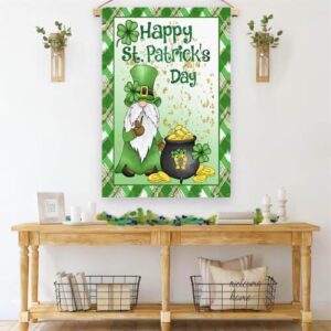 Surfapans Happy St Patricks Day Gnome House Flag 28x40 Inch Double Sided Outside Burlap Green Shamrock Clover Gold Coin Large Outdoor Yard Flags Porch Home Farmhouse Decoration