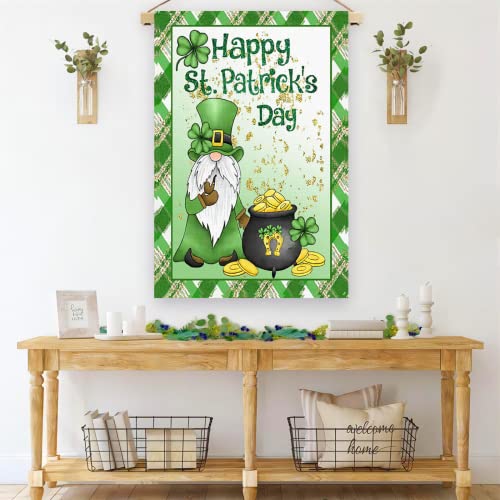 Surfapans Happy St Patricks Day Gnome House Flag 28x40 Inch Double Sided Outside Burlap Green Shamrock Clover Gold Coin Large Outdoor Yard Flags Porch Home Farmhouse Decoration