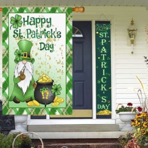 Surfapans Happy St Patricks Day Gnome House Flag 28x40 Inch Double Sided Outside Burlap Green Shamrock Clover Gold Coin Large Outdoor Yard Flags Porch Home Farmhouse Decoration