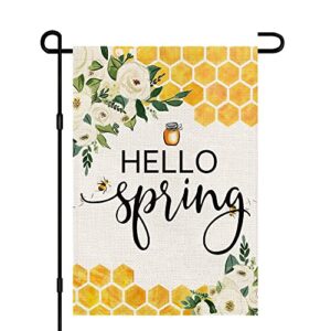 hello spring bees floral garden flag 12x18 inch double sided burlap outside, flower seasonal sign yard outdoor decoration df238