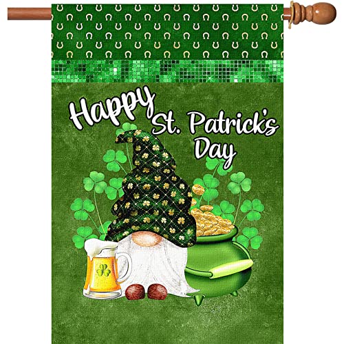 Surfapans Happy St Patricks Day Gnome House Flag 28x40 Inch Double Sided Green Shamrock Clover Outside Burlap Gold Coin Beer Large Outdoor Yard Flags Porch Home Farmhouse Decoration