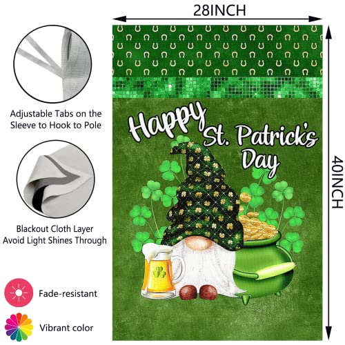 Surfapans Happy St Patricks Day Gnome House Flag 28x40 Inch Double Sided Green Shamrock Clover Outside Burlap Gold Coin Beer Large Outdoor Yard Flags Porch Home Farmhouse Decoration