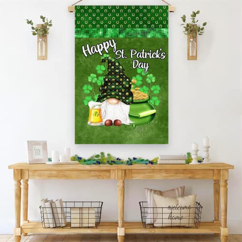 Surfapans Happy St Patricks Day Gnome House Flag 28x40 Inch Double Sided Green Shamrock Clover Outside Burlap Gold Coin Beer Large Outdoor Yard Flags Porch Home Farmhouse Decoration