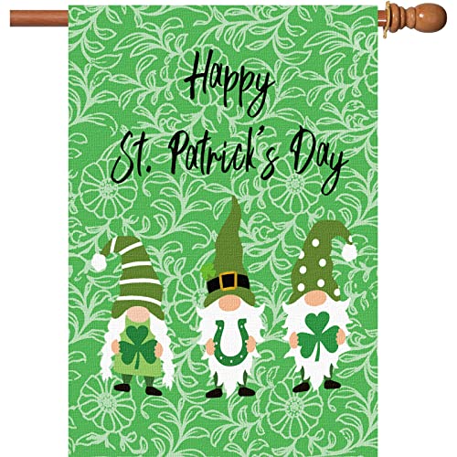 Surfapans Happy St Patricks Day House Flag 28x40 Inch Double Sided Outside Burlap Gnome Green Shamrock Clover Large Outdoor Yard Flags Porch Home Farmhouse Decoration