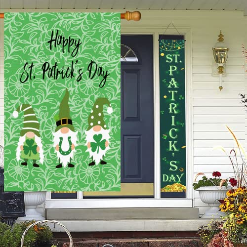 Surfapans Happy St Patricks Day House Flag 28x40 Inch Double Sided Outside Burlap Gnome Green Shamrock Clover Large Outdoor Yard Flags Porch Home Farmhouse Decoration