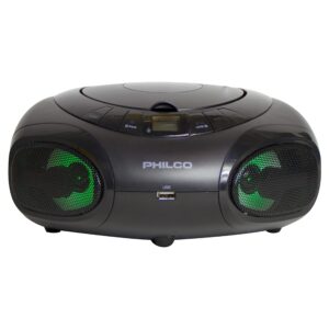 philco portable bluetooth boombox cd player with am fm radio and usb playback | fun lights |stereo sound | cd player is compatible with mp3/wma/cd-r/cd-rw cds | 3.5mm aux input | ac/battery powered