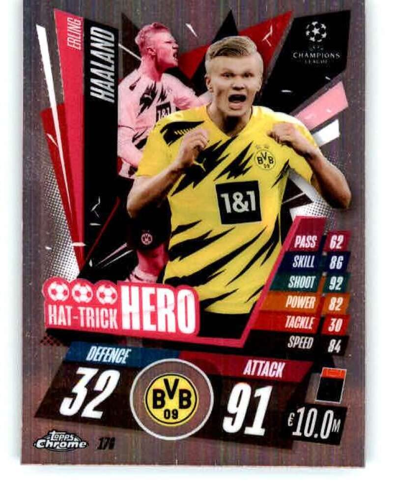 2020-21 Topps Chrome Match Attax UEFA UCL League #176 Erling Haaland Hat-Trick Hero Borussia Dortmund Soccer Trading Card