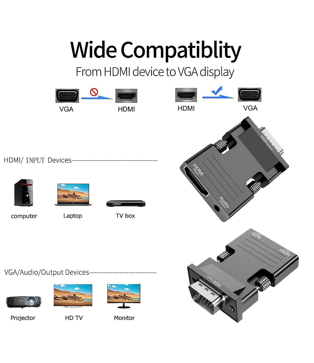 BERLAT HDMI to VGA Adapter Converter, Audio Output Computer Set-top Box Connector Dongle for Laptop, PC, Monitor, Projector, HDTV, Chromebook, Roku, Xbox -3.5mm Stereo Cable Included