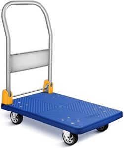 platform truck with 440lb weight capacity and 360 degree swivel wheels, foldable push hand cart for loading and storage, blue