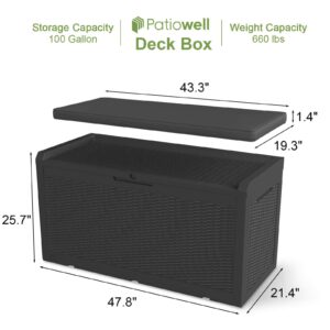 Patiowell 100 Gallon Resin Deck Box with Soft Cushion, Waterproof Large Storage Box for Patio Furniture, Pool Accessories, Toys, Garden Tools and Sports Equipment, Lockable, Black