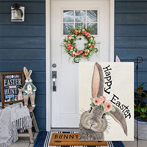 CROWNED BEAUTY Happy Easter Bunny Garden Flag 12X18 Inch Double Sided for Outside Small Burlap Yard Holiday Flag