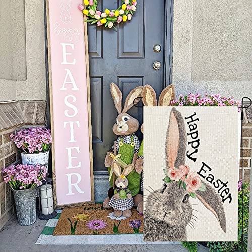 CROWNED BEAUTY Happy Easter Bunny Garden Flag 12X18 Inch Double Sided for Outside Small Burlap Yard Holiday Flag