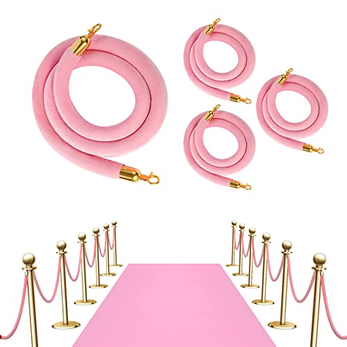 Vevitts 4 pcs Pink Velvet Stanchion 6.4FT Velvet Rope, Crowd Control Ropes Barrier with Polished Gold Hooks, Thick Stanchion Queue Barrier Rope