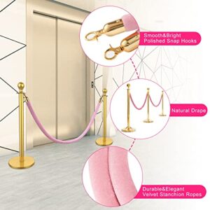 Vevitts 4 pcs Pink Velvet Stanchion 6.4FT Velvet Rope, Crowd Control Ropes Barrier with Polished Gold Hooks, Thick Stanchion Queue Barrier Rope