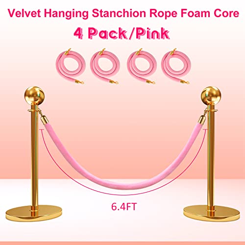 Vevitts 4 pcs Pink Velvet Stanchion 6.4FT Velvet Rope, Crowd Control Ropes Barrier with Polished Gold Hooks, Thick Stanchion Queue Barrier Rope