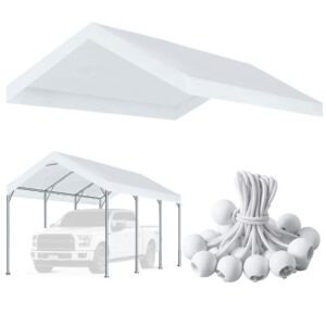 10'x20' upgraded carport replacement top canopy cover for car garage shelter tent party tent with ball bungees white (only top cover, frame is not included)