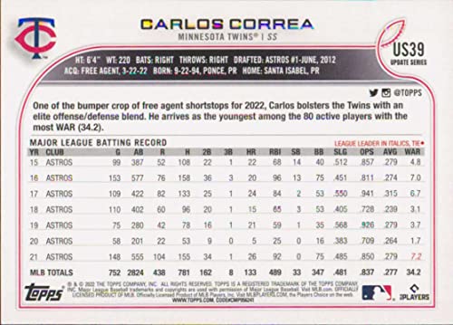 2022 TOPPS UPDATE #US39 CARLOS CORREA TWINS BASEBALL MLB