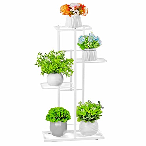 JEPRECO Metal Plant Stand 4 Tier 5 Potted, Multiple Flower Pot Holder Shelves Organizer Rack for Garden Balcony Patio Living Room Indoor Outdoor, White