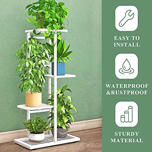 JEPRECO Metal Plant Stand 4 Tier 5 Potted, Multiple Flower Pot Holder Shelves Organizer Rack for Garden Balcony Patio Living Room Indoor Outdoor, White