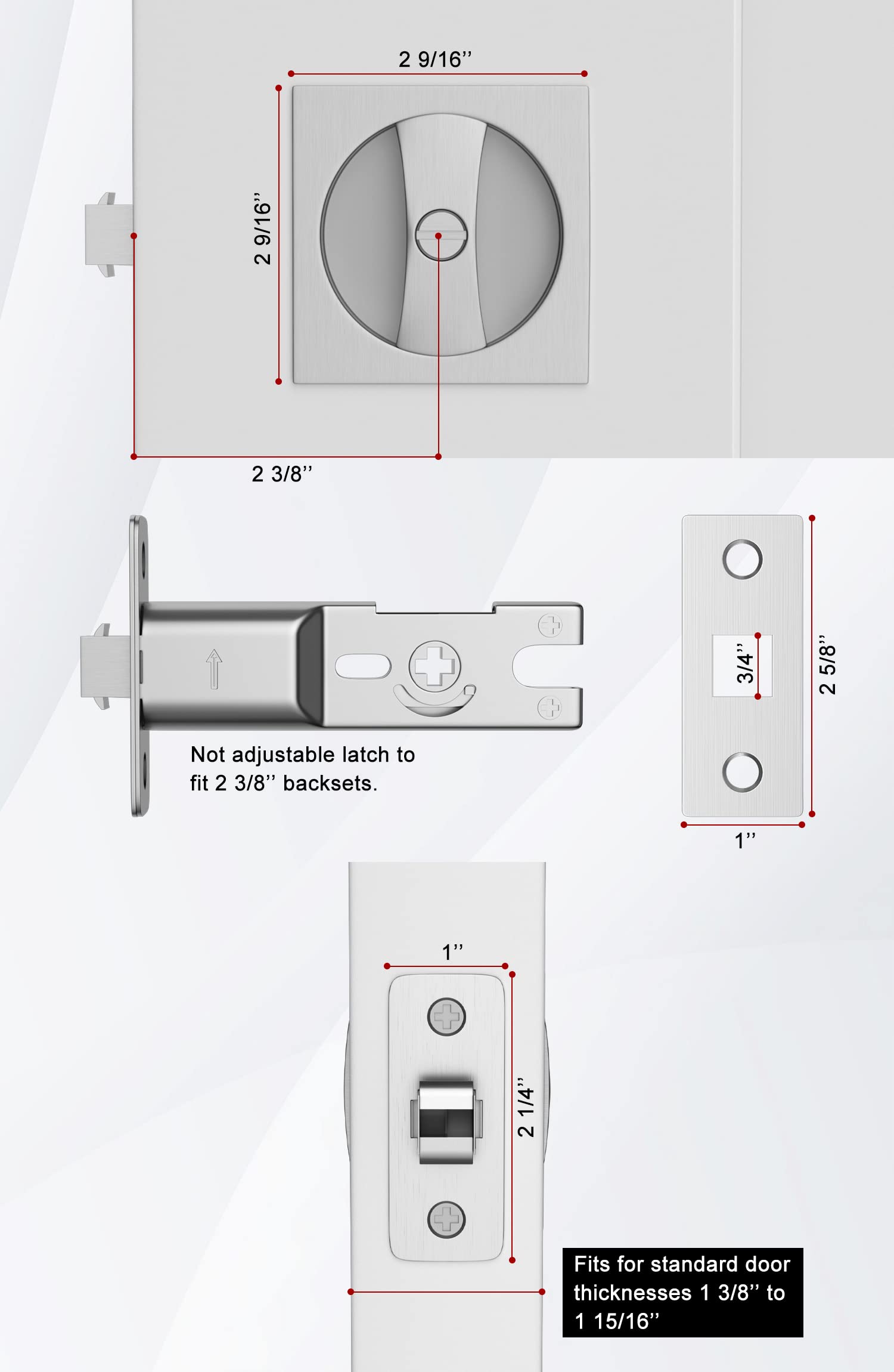 goldenwarm Bed/Bath Pocket Door Lock, Satin Nickel Contemporary Privacy Square Pocket Door Hardware, Flush Pocket Door Latch, 2-3/8" Backset