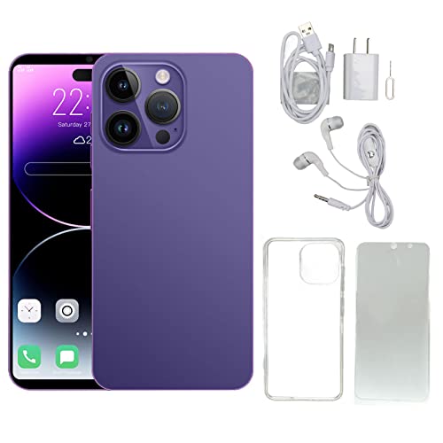 Yoidesu I14pro Cell Phone, 6.1in 1440X3040 HD Face Recognition Smartphone, 4GB RAM + 64GB ROM, Dual SIM, 8MP Front + 16MP Rear Camera, 7000mAh Battery WiFi Mobile Phone Purple