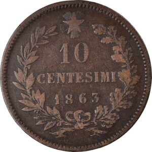 1862 -1867 10 Centesimi Historical Italian Coin. Issued Ender King Vittorio Emanuele II." Father Of The Fatherland" Who Unified And Created Modern Italy. 10 Centesimi Graded By Seller Circulated Condition