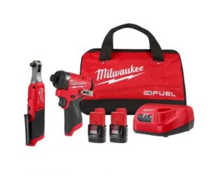 milwaukee m12 fuel 12v lithium-ion cordless 3/8 in. ratchet and 1/4 in. impact driver kit (2-tool) w/batteries, charger & bag