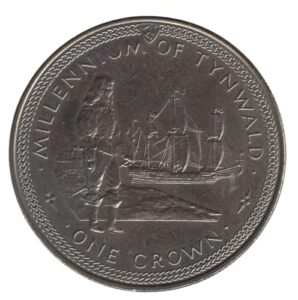 1979 pm one crown commemorative coin from isle of man. 1000th anniversary of tynwald, anniversary of isle of man parliament. one crown graded by seller circulated condition