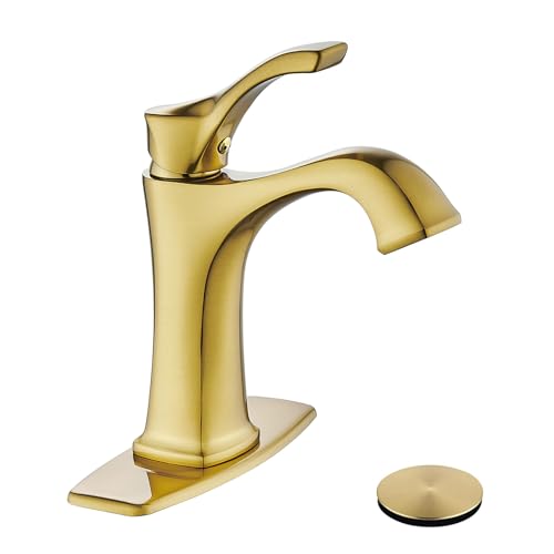 Sanliv Brushed Gold Single Handle Bathroom Faucet, Deck Mount, 1 or 3 Hole Centerset, Solid Brass Body, Ceramic Disc Cartridge, Easy Installation, 6-Inch Deck Plate