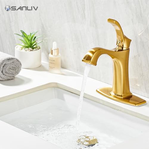 Sanliv Brushed Gold Single Handle Bathroom Faucet, Deck Mount, 1 or 3 Hole Centerset, Solid Brass Body, Ceramic Disc Cartridge, Easy Installation, 6-Inch Deck Plate