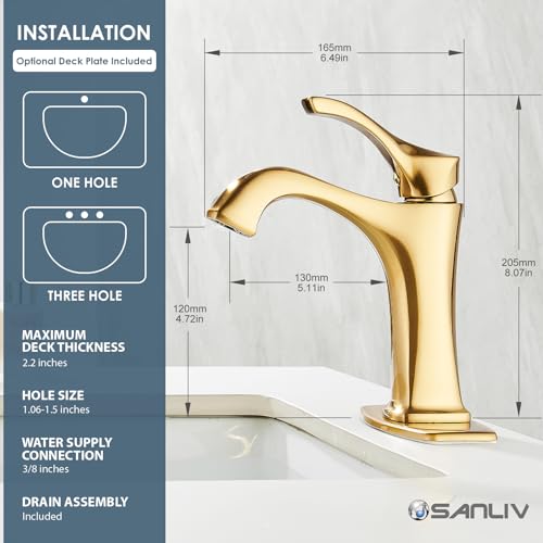 Sanliv Brushed Gold Single Handle Bathroom Faucet, Deck Mount, 1 or 3 Hole Centerset, Solid Brass Body, Ceramic Disc Cartridge, Easy Installation, 6-Inch Deck Plate