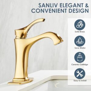 Sanliv Brushed Gold Single Handle Bathroom Faucet, Deck Mount, 1 or 3 Hole Centerset, Solid Brass Body, Ceramic Disc Cartridge, Easy Installation, 6-Inch Deck Plate