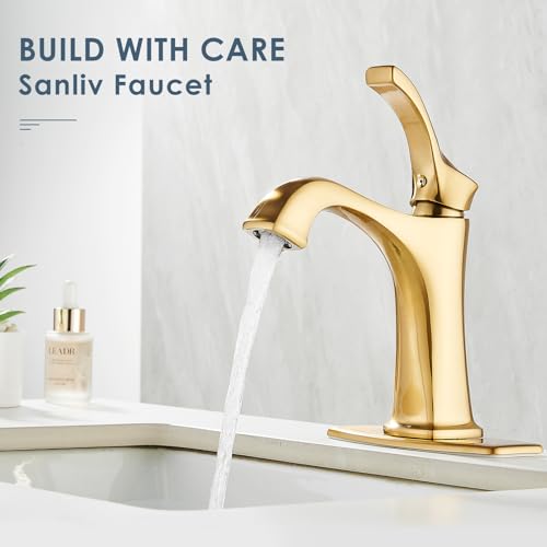 Sanliv Brushed Gold Single Handle Bathroom Faucet, Deck Mount, 1 or 3 Hole Centerset, Solid Brass Body, Ceramic Disc Cartridge, Easy Installation, 6-Inch Deck Plate