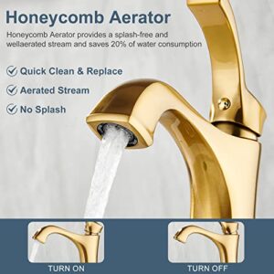 Sanliv Brushed Gold Single Handle Bathroom Faucet, Deck Mount, 1 or 3 Hole Centerset, Solid Brass Body, Ceramic Disc Cartridge, Easy Installation, 6-Inch Deck Plate