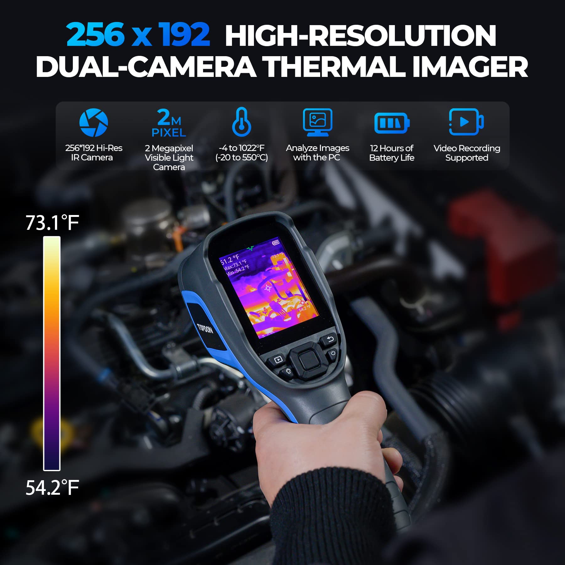 TOPDON TC005 256 x 192 IR High Resolution Dual-Camera Thermal Imaging Camera with 12-Hour Battery Life and 2MP Visual Light Camera, -4°F~1022°F Handheld Infrared Thermal Imager with PC 2D/3D Analysis