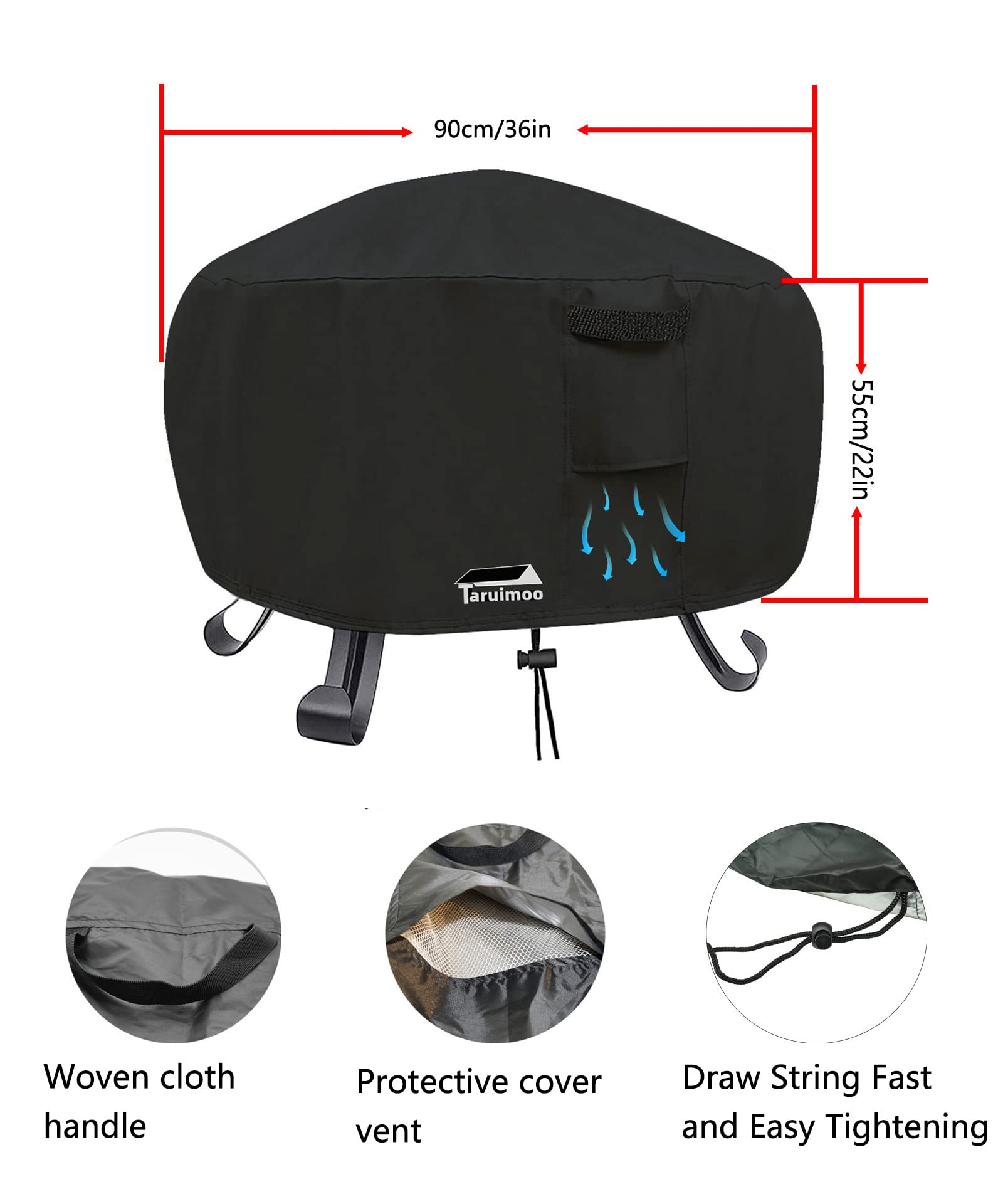 Taruimoo Fire Pit Cover Round for Fire Pit 22- 48 Inch,Outdoor Full Coverage Patio Round Firepit Cover with Built-in Vents ,Waterproof Dustproof Anti UV and Tear Resistant (36" D x 22" H)