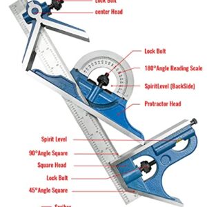 NTSUMI 12 Inch 4 Combination Square Ruler Set Protractor Satin, 4-R Graduation, Blue