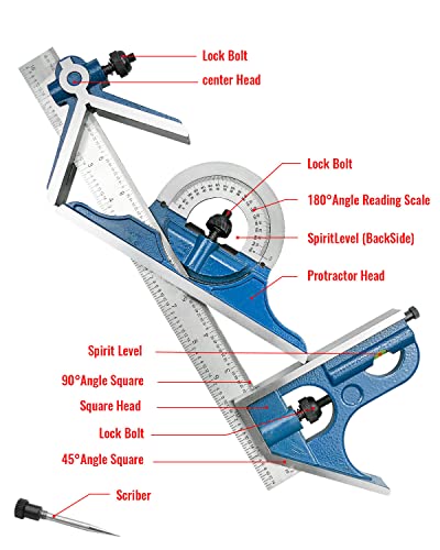 NTSUMI 12 Inch 4 Combination Square Ruler Set Protractor Satin, 4-R Graduation, Blue