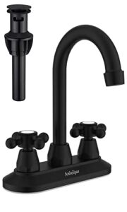 anleijur black bathroom faucet, two handle bathroom sink faucet, 4 inch centerset matte black bathroom sink faucet with pop up drain, 360 swivel spout 2 or 3 hole rv bathroom