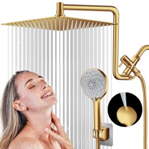 pinwin 12'' dual shower head with adjustable extension arm and 6-setting handheld shower head combo, brushed gold